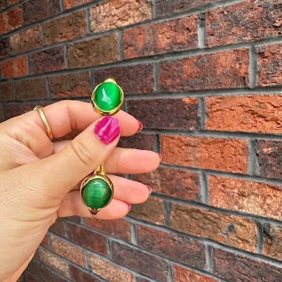 Selena Green Cat Eye Agate 18K Gold Stainless Steel Waterproof Cuff Bracelet - Picture 13 of 17